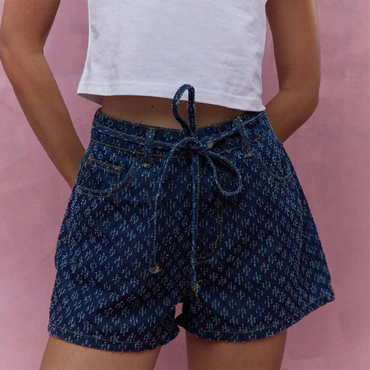 Casual straight-leg lace-up denim shorts