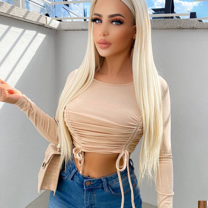 FASHION TREND PLEATED DESIGN FEELING CROP T-SHIRT