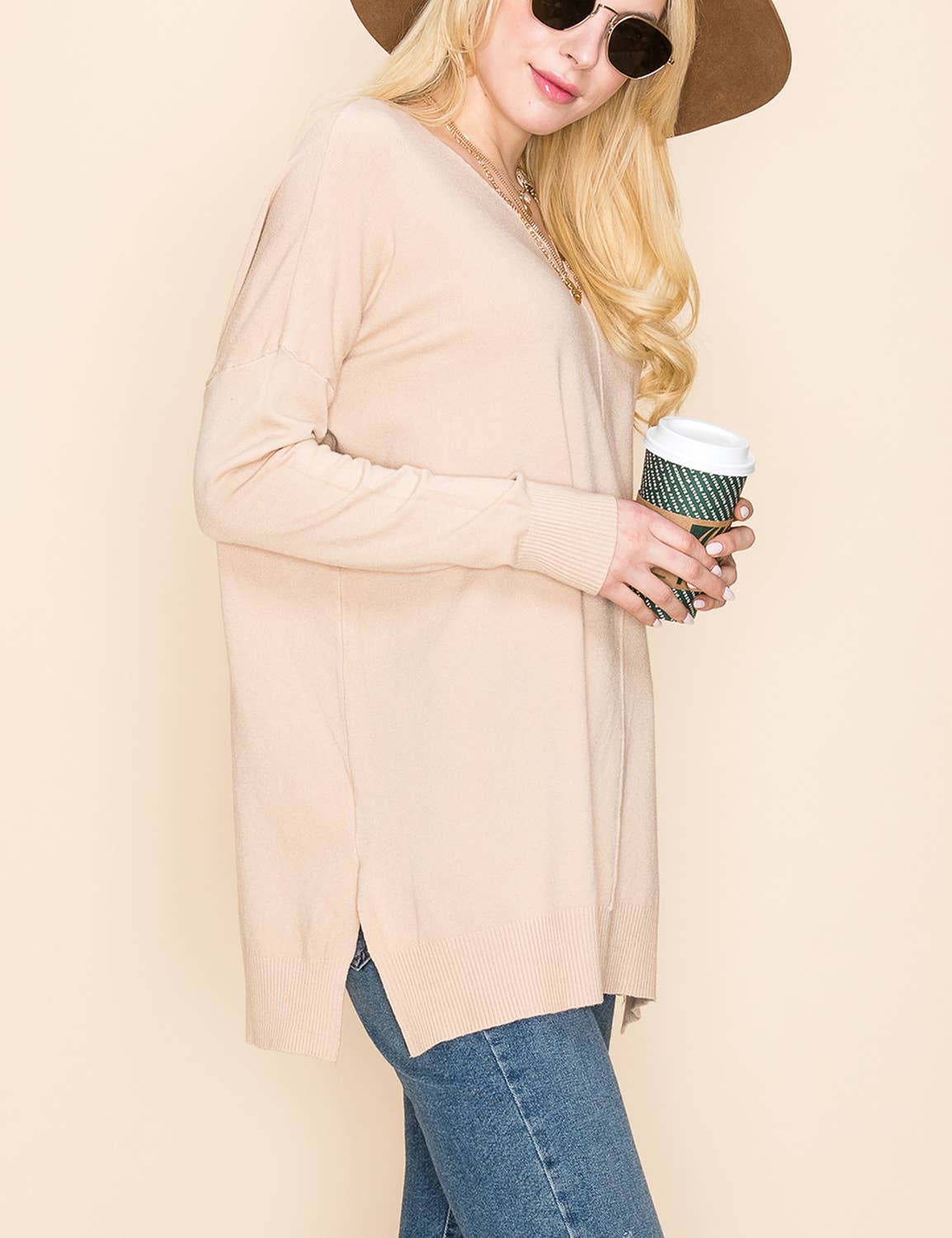 CWOSWL1826_V NECK LOOSE FIT TUNIC LENGTH SOFT SWEATER TOP