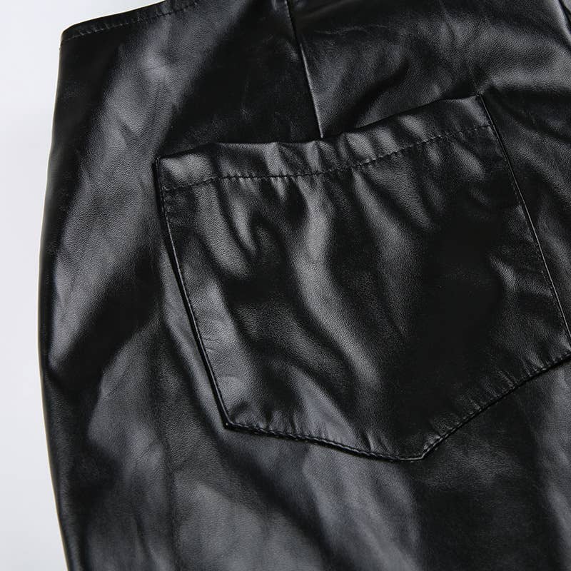 Button-up waist cutout PU leather casual pants