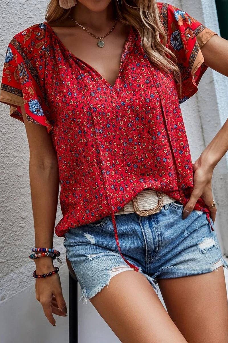 CWTSTS0660_SUMMER V-NECK SMALL FLORAL CASUAL LOOSE SHIRT