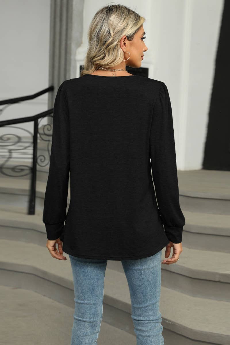 CWTBLL2937_FALL CREW-NECK PLEATED LONG-SLEEVED TOP