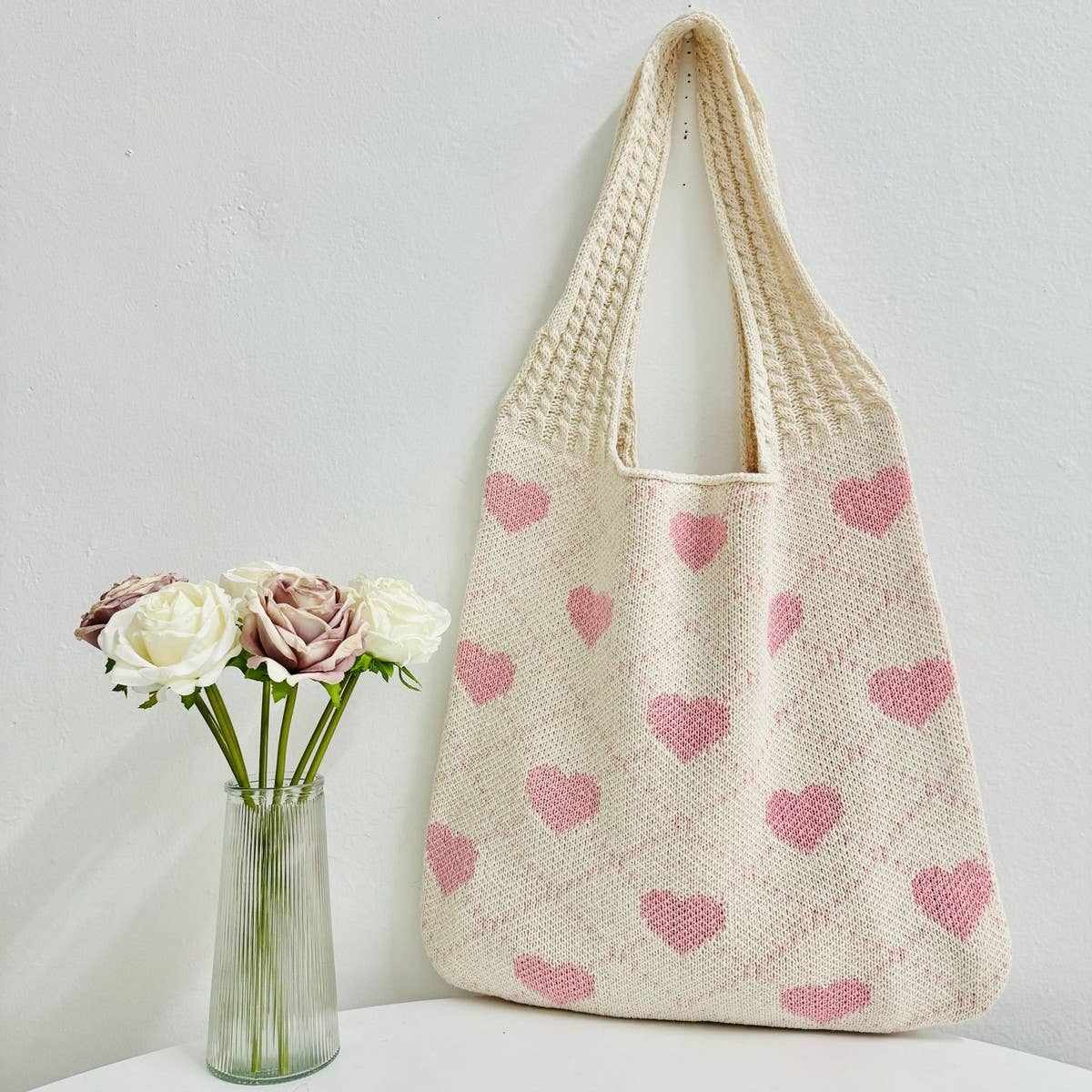CWAB5064_SHOPPING KNITTED HEART PATTERN WOVEN BAG