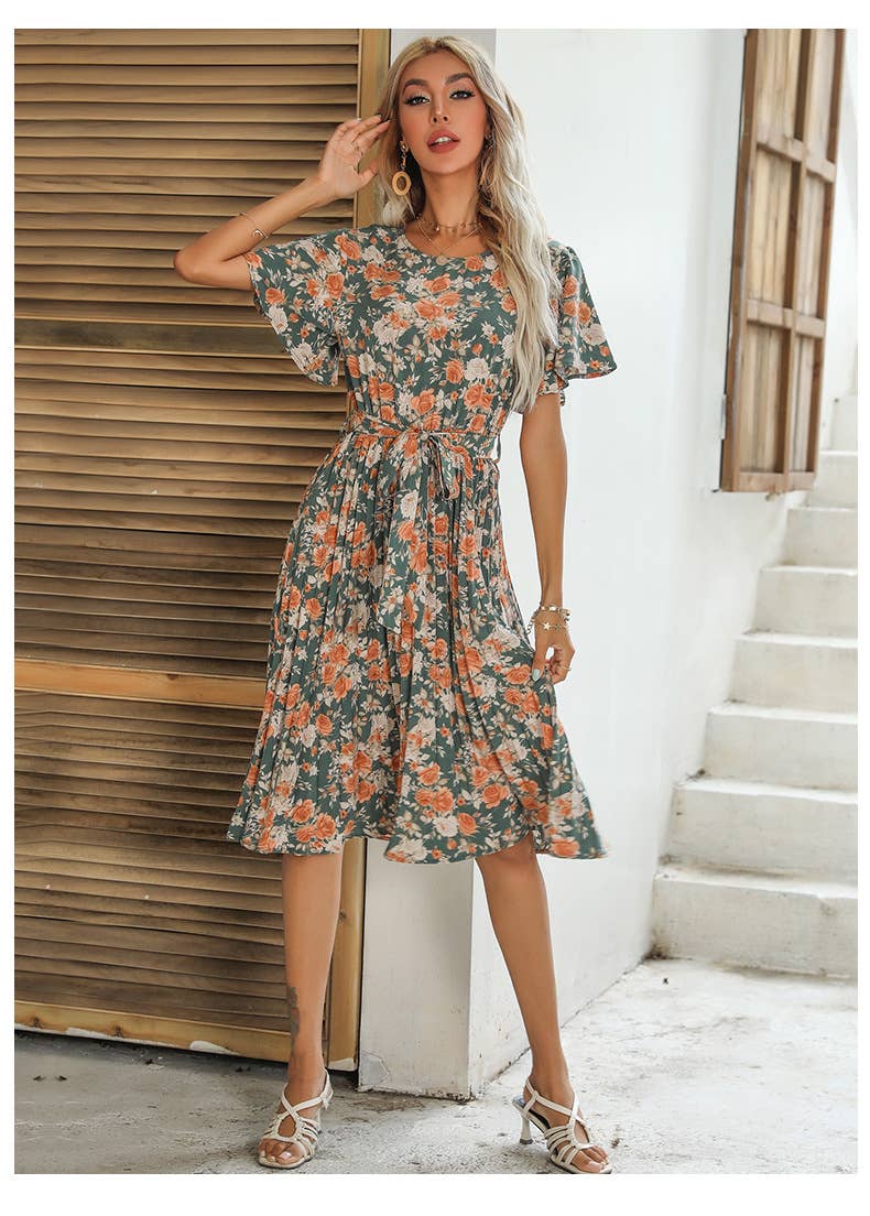 Crew-neck lace-up pleated print dress