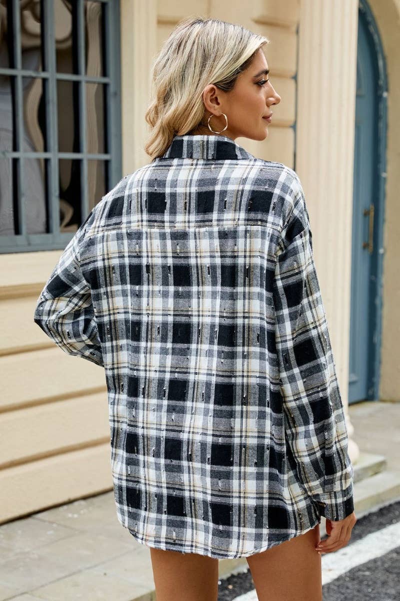 CWTSTL2256_AUTUMN VINTAGE PLAID LONG-SLEEVED SHIRT TOP