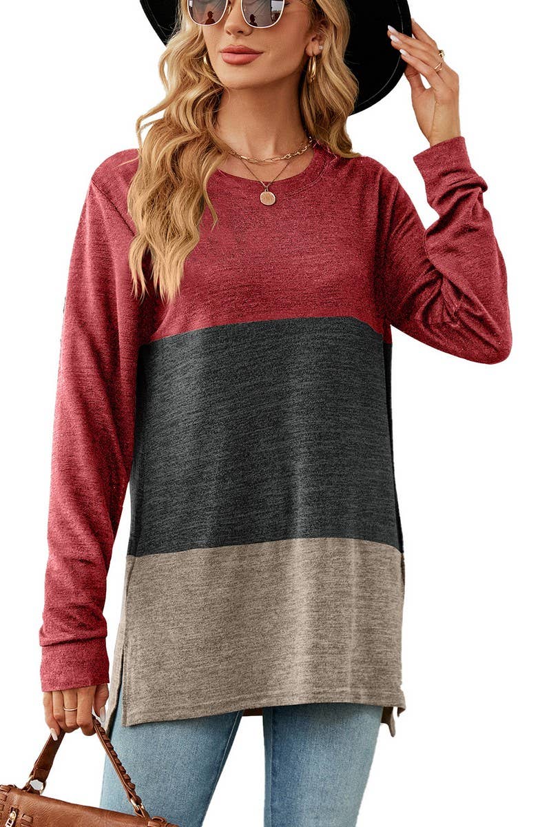 CWTBLL2411_SOLID COLOR ROUND NECK CONTRAST STITCHING T-SHIRT