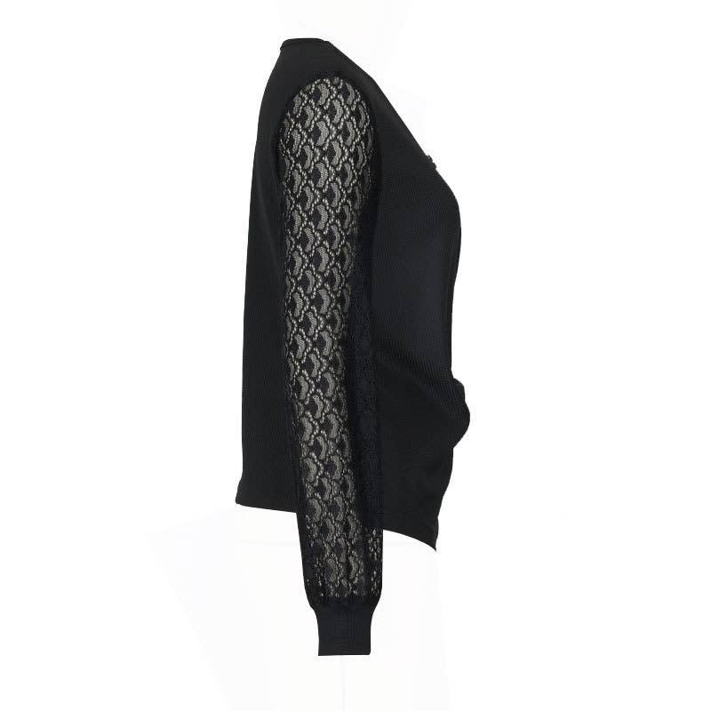 BUTTON V-NECK T-SHIRT LACE PATCHWORK KNIT TOP