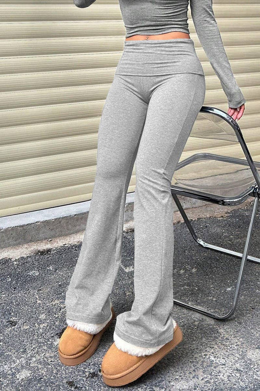 CWBLP1424_SOLID COLOR SLIM FIT WIDE WAIST FLARED TROUSERS