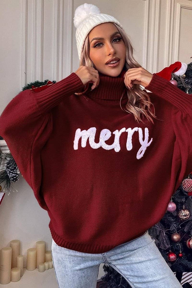 CWOSWL6261_EMBROIDERED BAT SLEEVE CHRISTMAS SWEATER