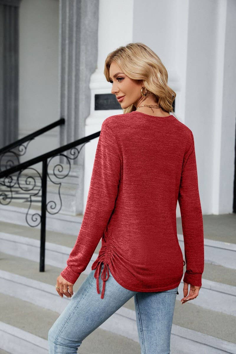 CWTBLL1845_V-NECK DRAWSTRING SOLID COLOR LOOSE T-SHIRT TOP