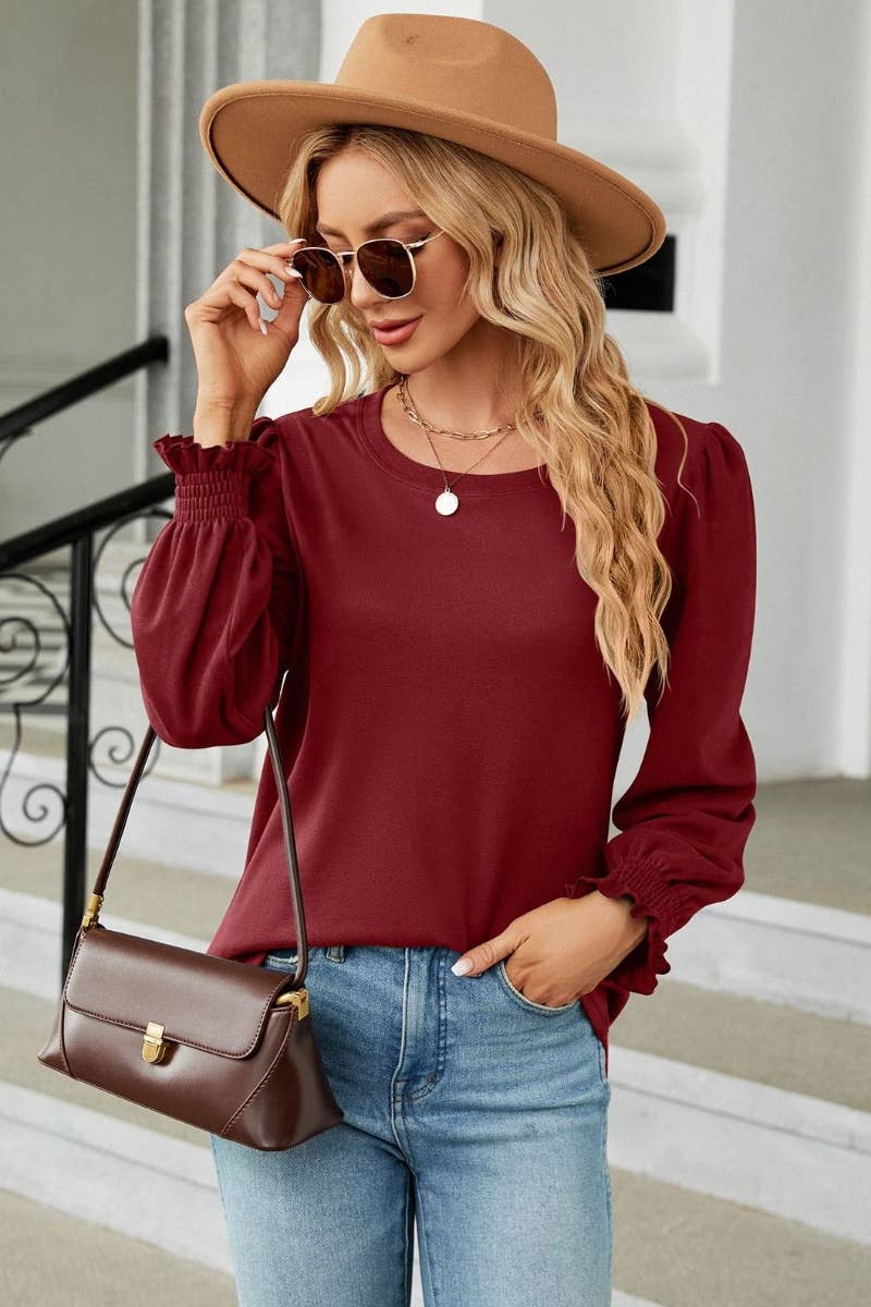 CWTBLL2800_AUTUMN CREW-NECK SOLID COLOR LONG-SLEEVED TOP