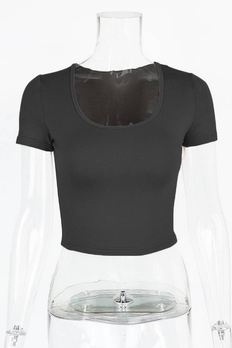 CWTTS1347_U-NECK SHORT-SLEEVED SLIM FIT NAVEL-BARING TOP