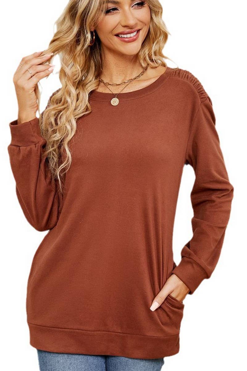 CWTBLL2384_SOLID COLOR ROUND NECK LONG SLEEVE POCKET T-SHIRT