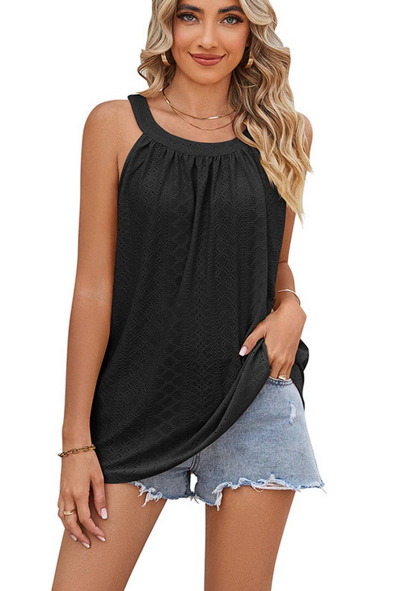 CWTBLSL0623_GATHERED EYELET SLEEVELESS CAMISOLE TOP