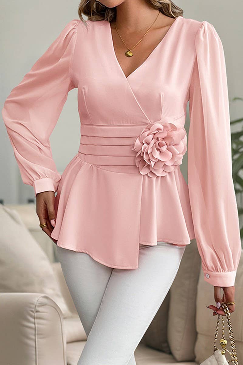 CWTBLL4075_WAIST CINCH V-NECK 3D FLORAL SHIRT BLOUSE