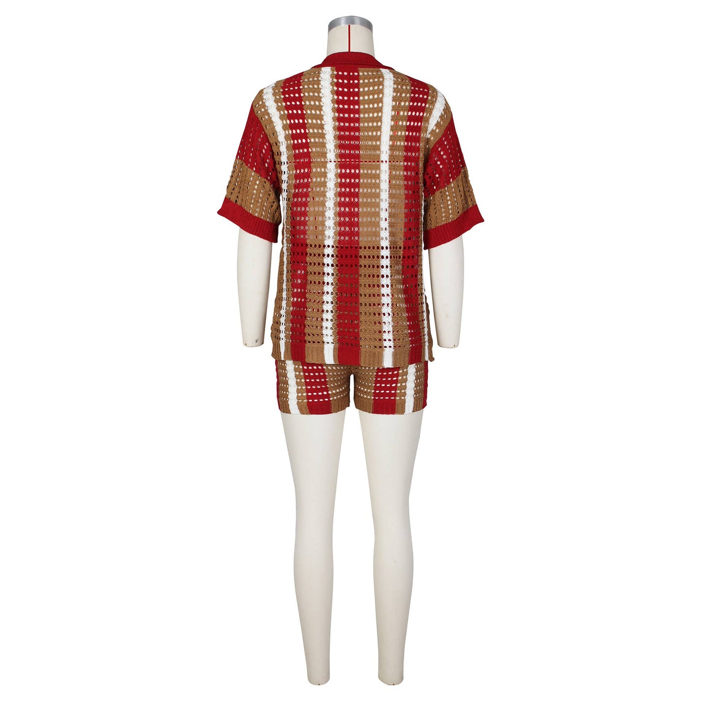 CUT-OUT SEE-THROUGH LAPEL KNIT SHORTS SET