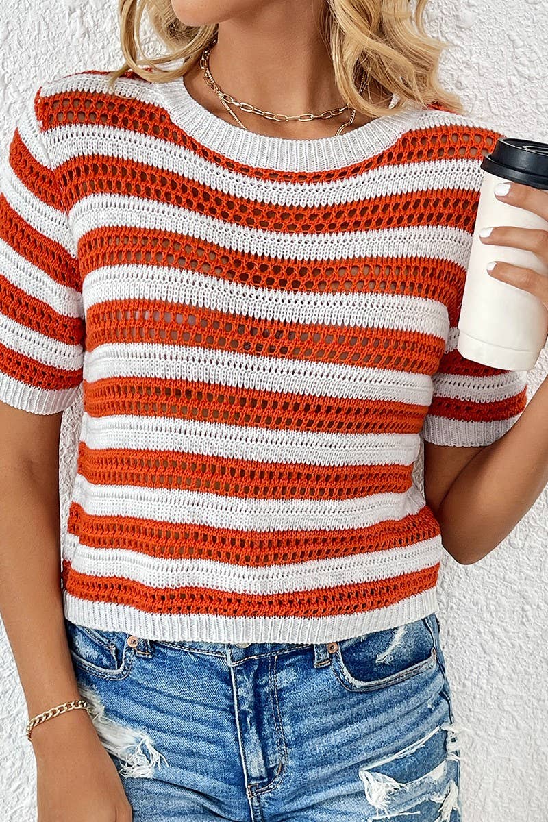 CWOSWS0043_Round Neck Short Sleeve Striped Knit Sweater