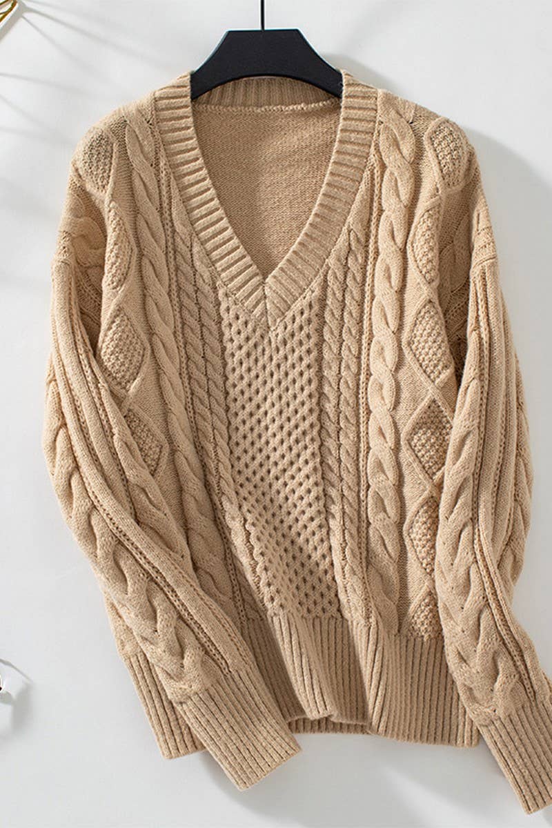 CWOSWL2813_V-NECK CABLE KNITTED PULLOVER CASUAL SWEATER