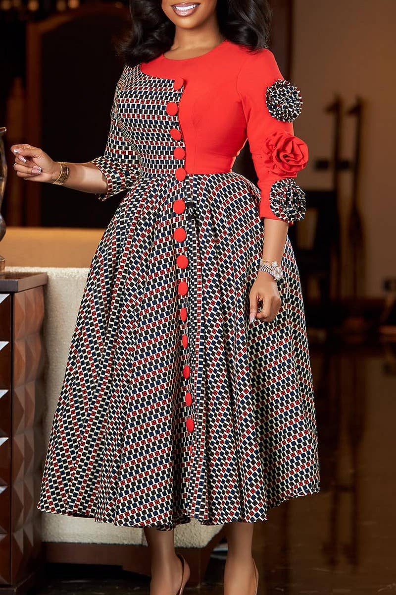 CWDMD01250_2025 WOMEN FLORAL PRINT ROUND NECK MIDI DRESS