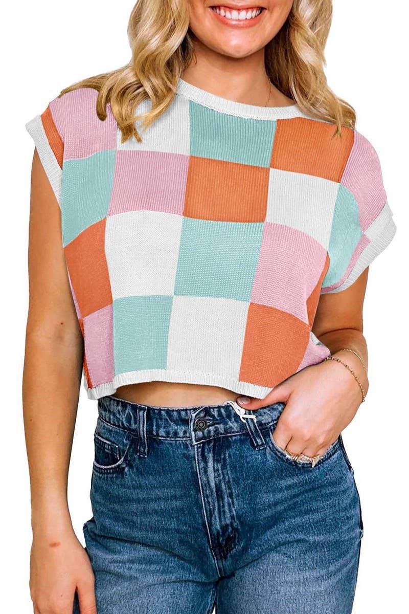 CWTTS1362_SUMMER NAVEL CHECKERBOARD SHORT SLEEVE KNIT TOP