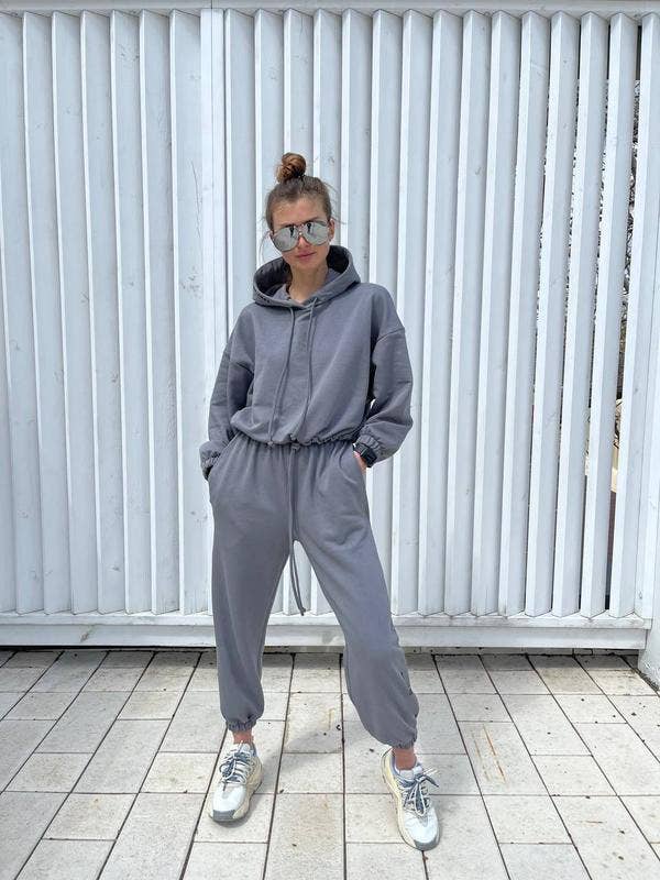 Drawstring short jacket and long pants set