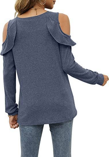 CREW-NECK, OFF-SHOULDER, RUFFLED CASUAL SWEATER