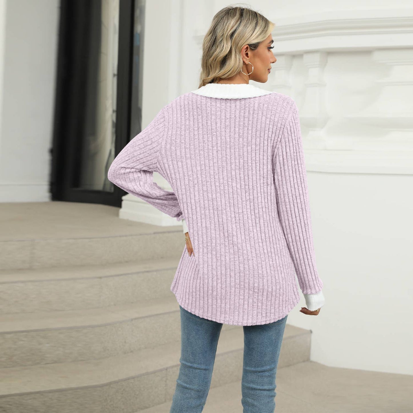 COLOR CONTRAST LAPEL LONG SLEEVE LOOSE T-SHIRT