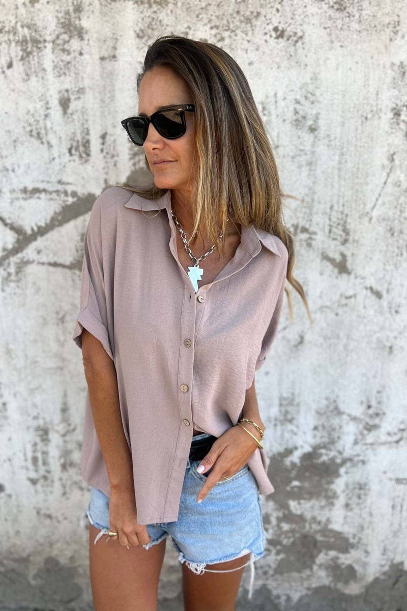 CWTBLS2329_SOLID CASUAL COLLARED BUTTON SHORT SLEEVE SHIRT