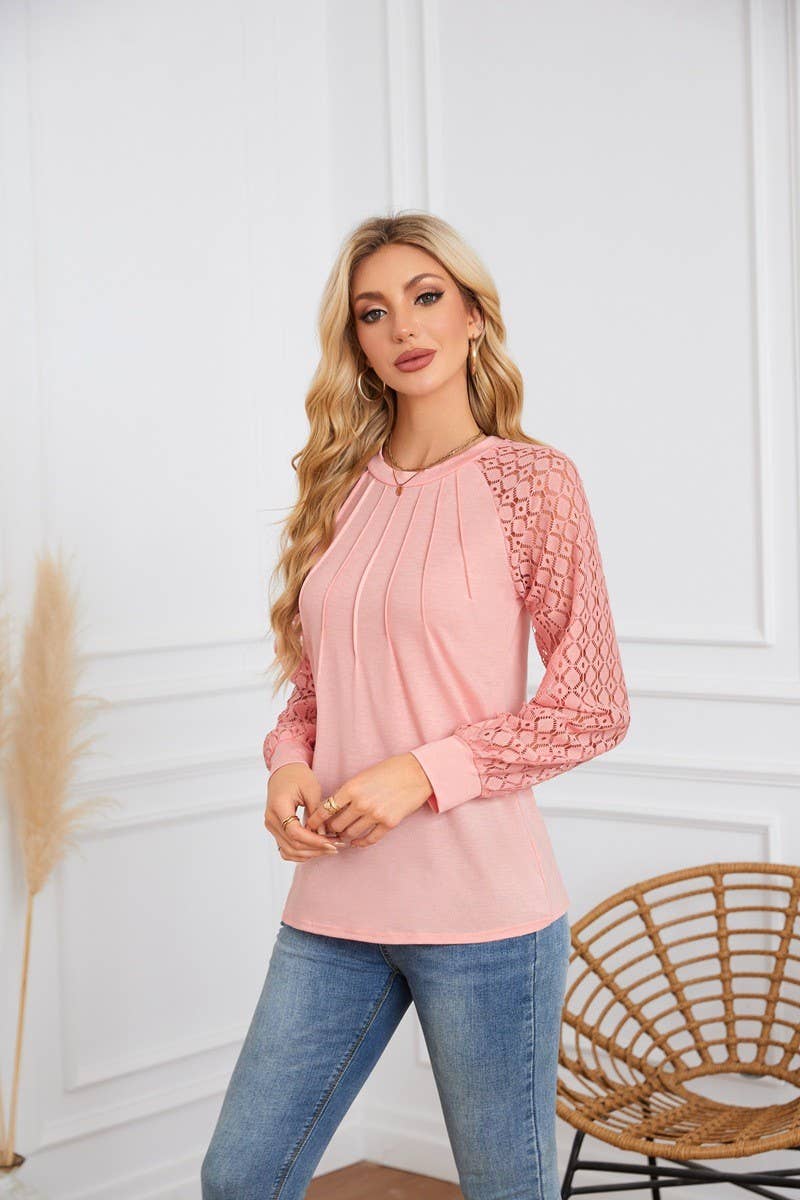 CWTBLL4096_LACE PANEL ROUND NECK PLEATED LONG SLEEVE TOP
