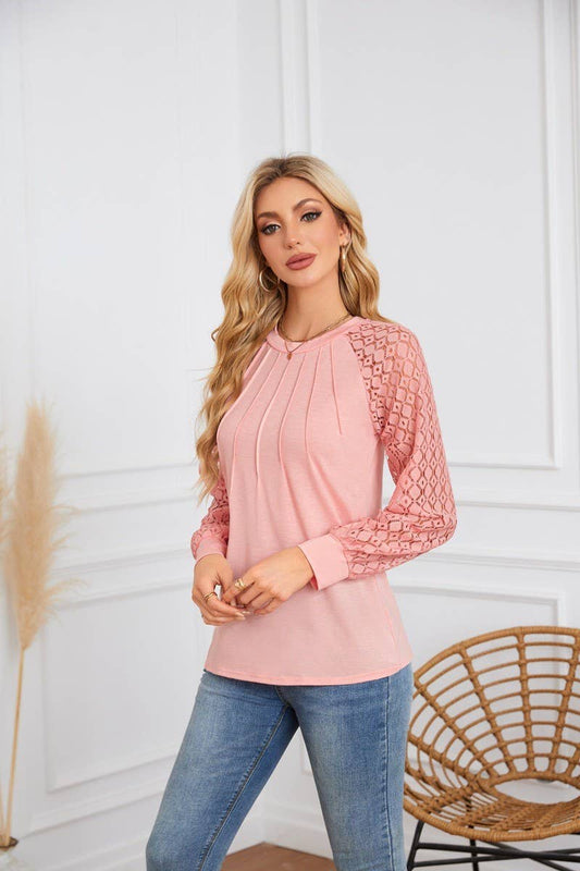 CWTBLL4096_LACE PANEL ROUND NECK PLEATED LONG SLEEVE TOP