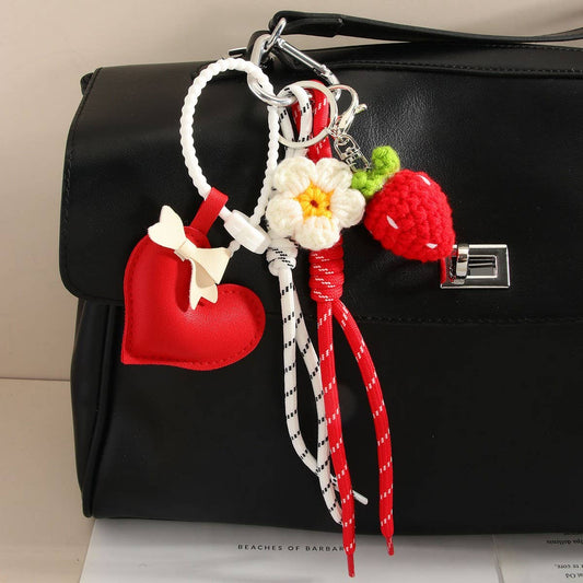Strawberry Bow Keychain with Heart & Floral Charm_CWMM7623