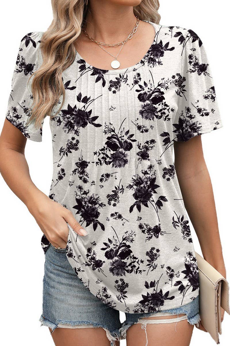 CWTBLS2277_RUCHED CREW NECK PRINTED SHORT SLEEVE TEE