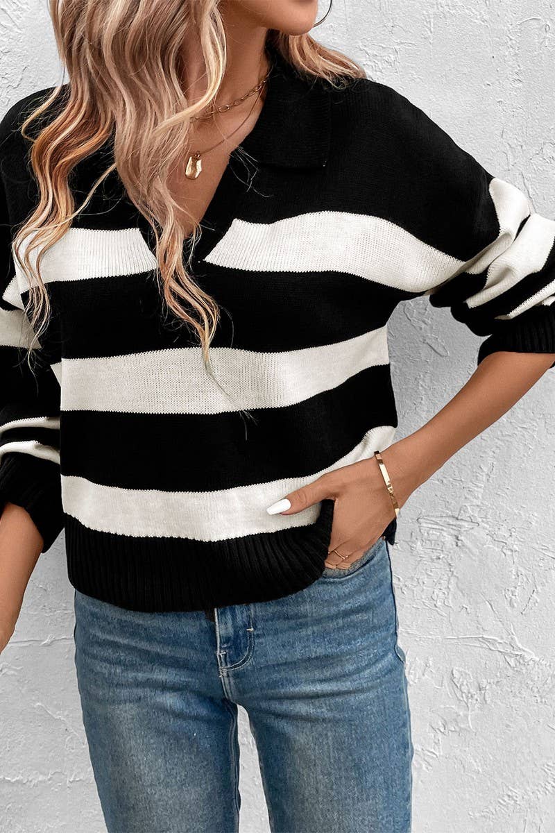 CWOSWL6822_NEW AUTUMN LONG-SLEEVED LAPEL STRIPED SWEATER