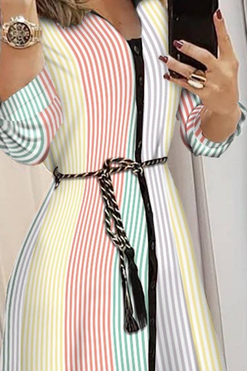 CWDMD4107_PLAID PRINT V-NECK THREE-QUARTER SLEEVE TIE DRESS