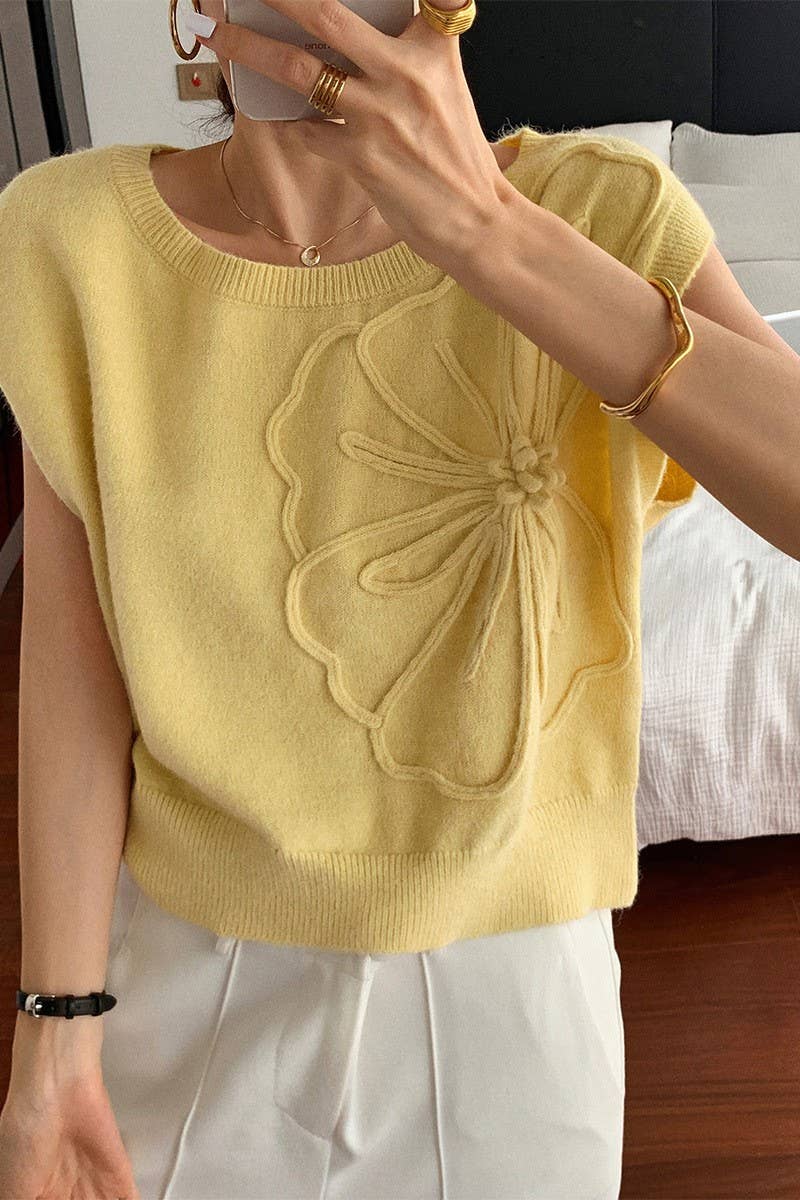 CWOSWS00154_SOLID FLORAL SHORT SLEEVE KNIT TOP