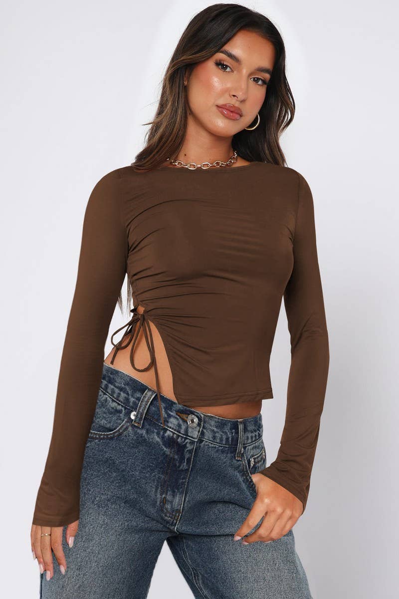 CWTTL2058_SEXY SLIT LACE-UP STRAIGHT SHOULDER T-SHIRT
