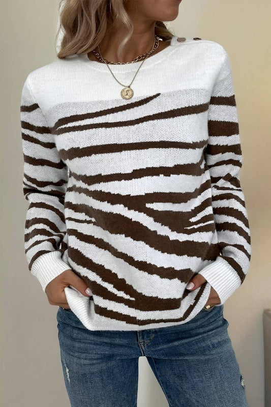 CWOSWL6941_COLORBLOCK ZEBRA PRINT CREW NECK KNIT TOP