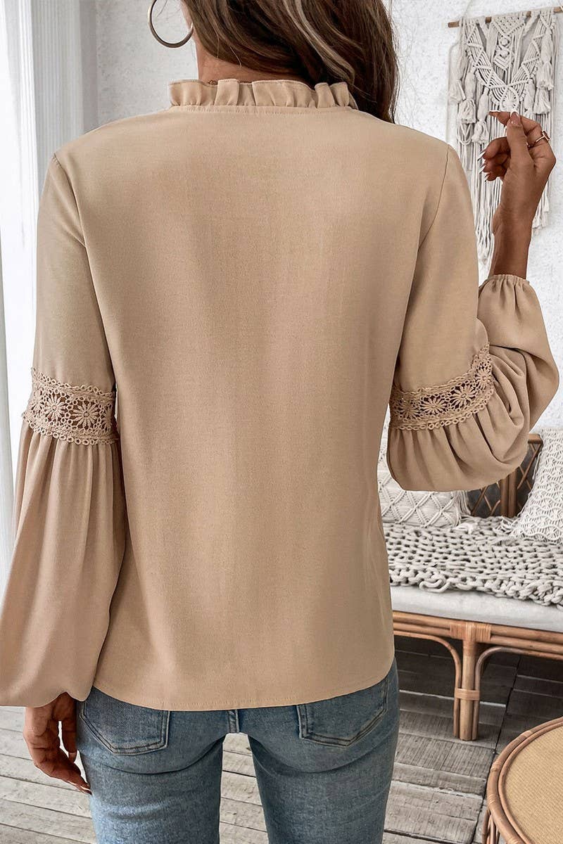 CWTBLL00727_LACE V NECK LONG SLEEVE SOLID PLEATED BLOUSE