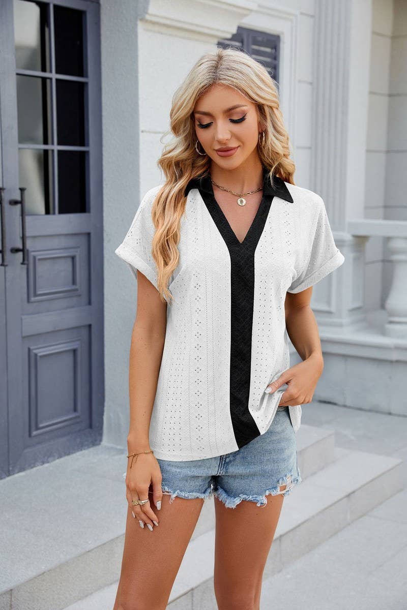 CWTTS0832_V-Neck Short Sleeve Knit Top