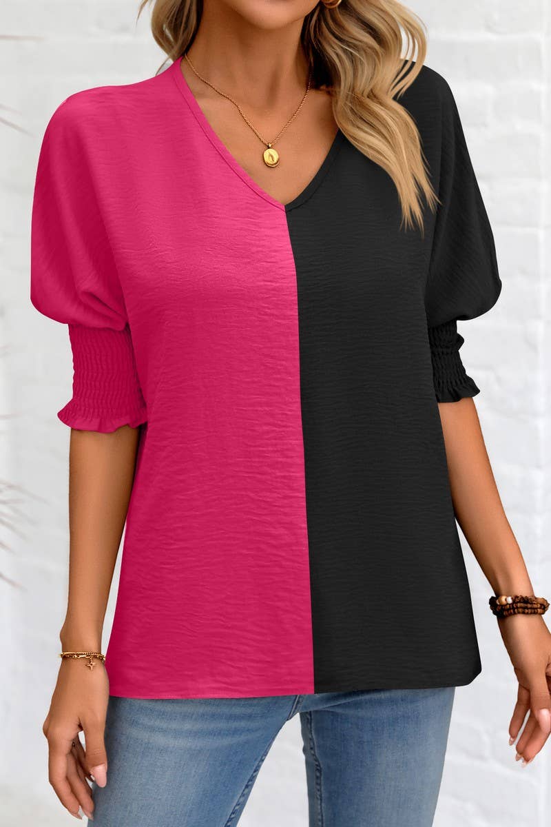 CWTBLS1501_COLORBLOCKED COLLAR LOOSE-FITTING BAT-SLEEVE TOP