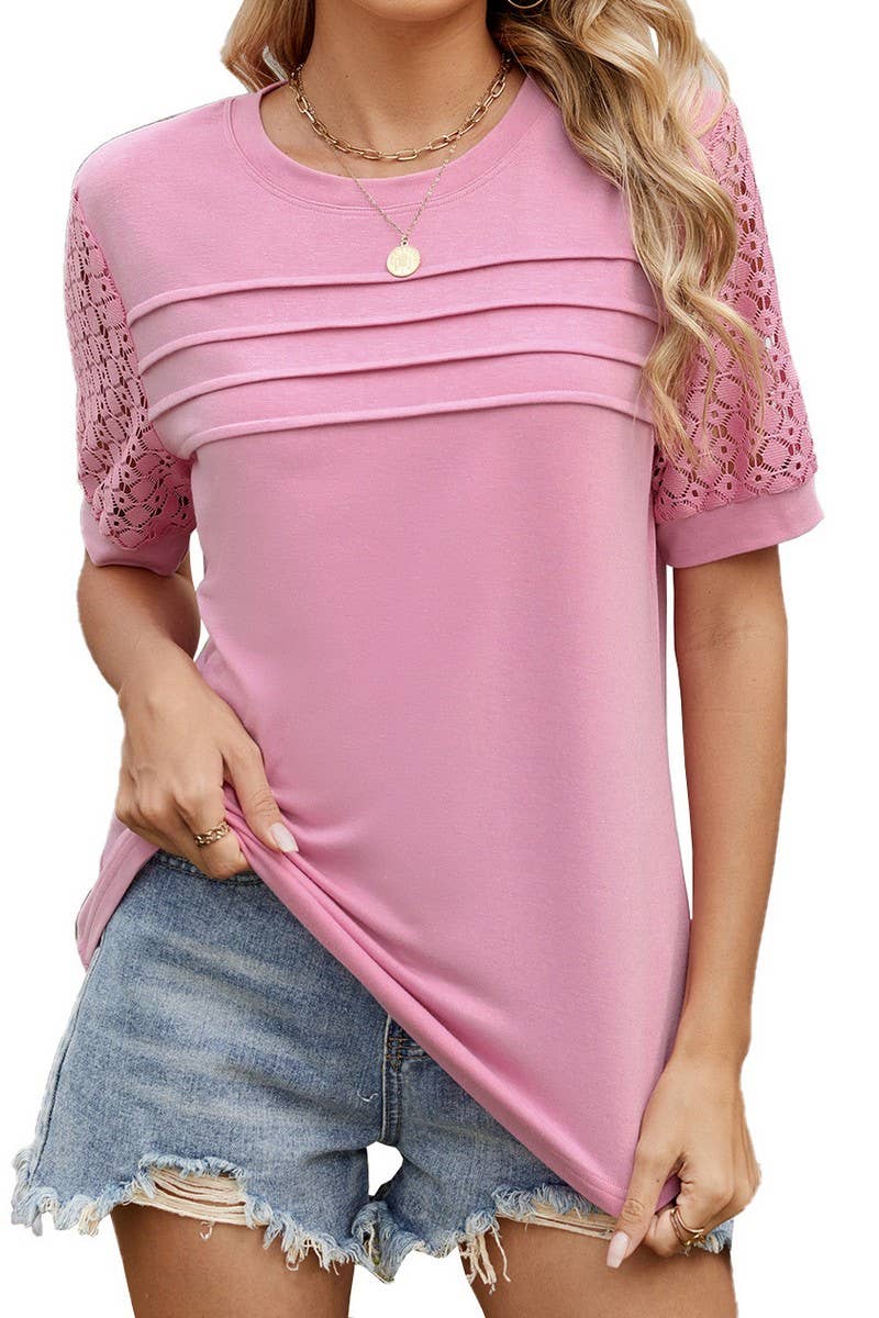 CWTTS1334_SUMMER LOOSE LACE PATCHWORK SHORT SLEEVES