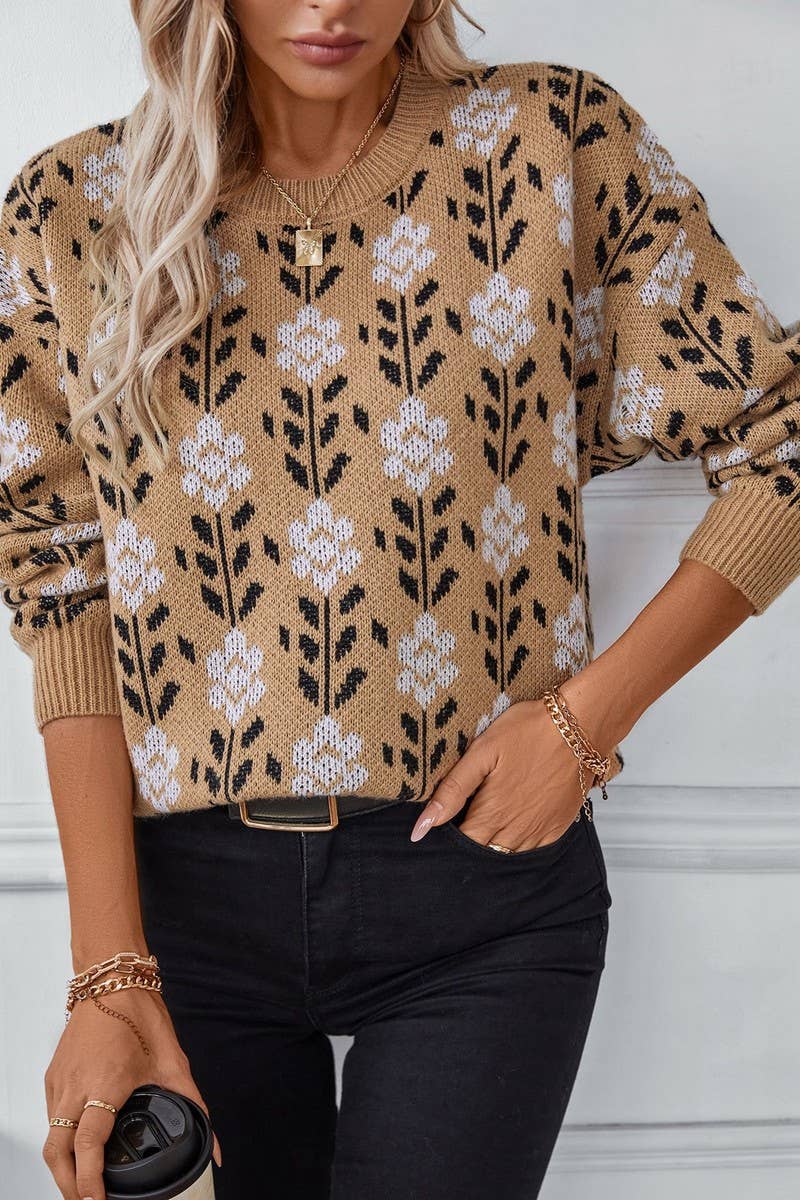CWOSWL2927_FLORAL JACQUARD LONG-SLEEVED PULLOVER SWEATER