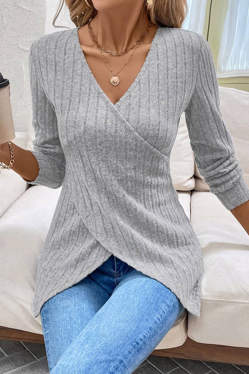 CWTBLL1759_SOLID COLOR STRIPED BRUSHED V-NECK T-SHIRT TOP