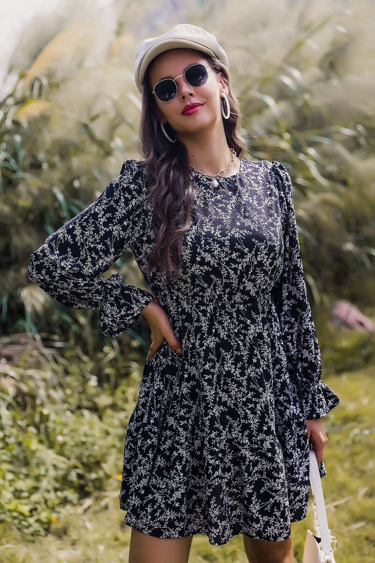 CREW NECK LONG SLEEVE PRINTED WAIST DRESS