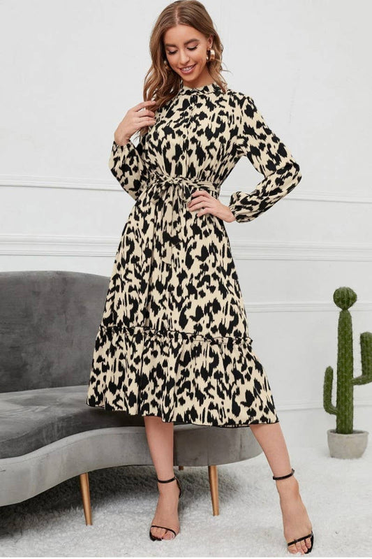 CWDMD4103_LEOPARD PRINT LONG SLEEVE TIE DRESS