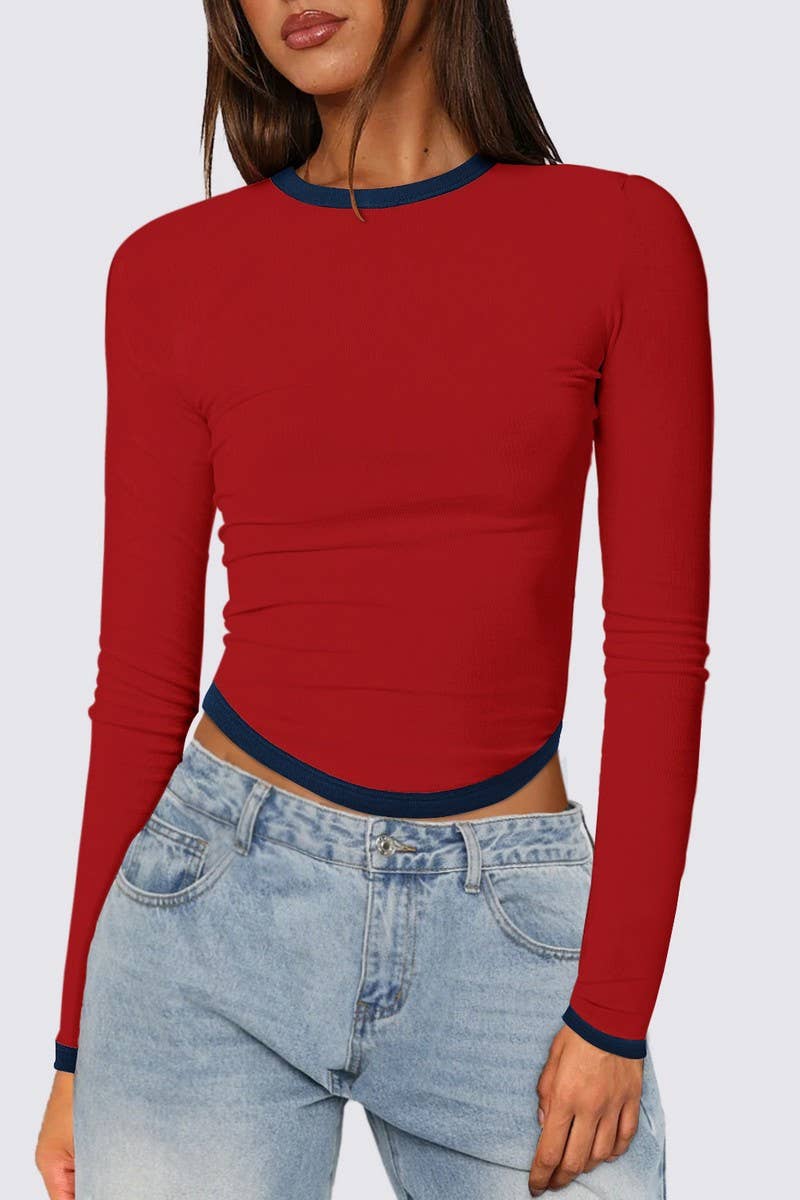 CWTBLL4079_LONG SLEEVE CREW NECK SLIM COLORBLOCK CROP TOP