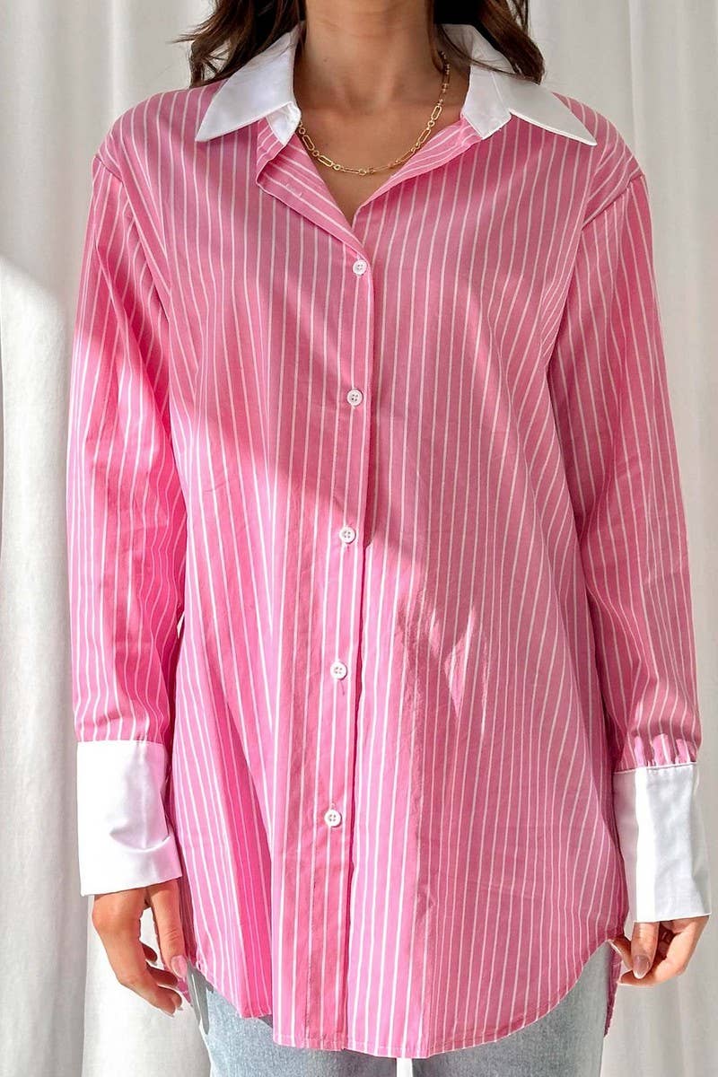 CWTBLL00718_LAPEL BLUE AND WHITE STRIPED COLORBLOCK SHIRT