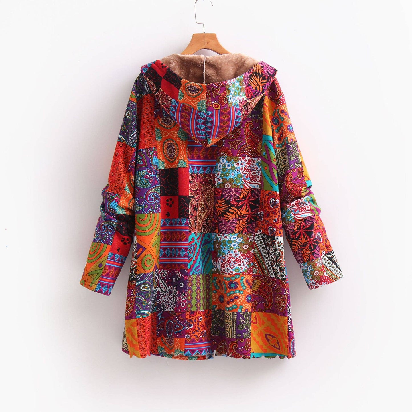 Cotton linen printed hooded warm fleece jacket