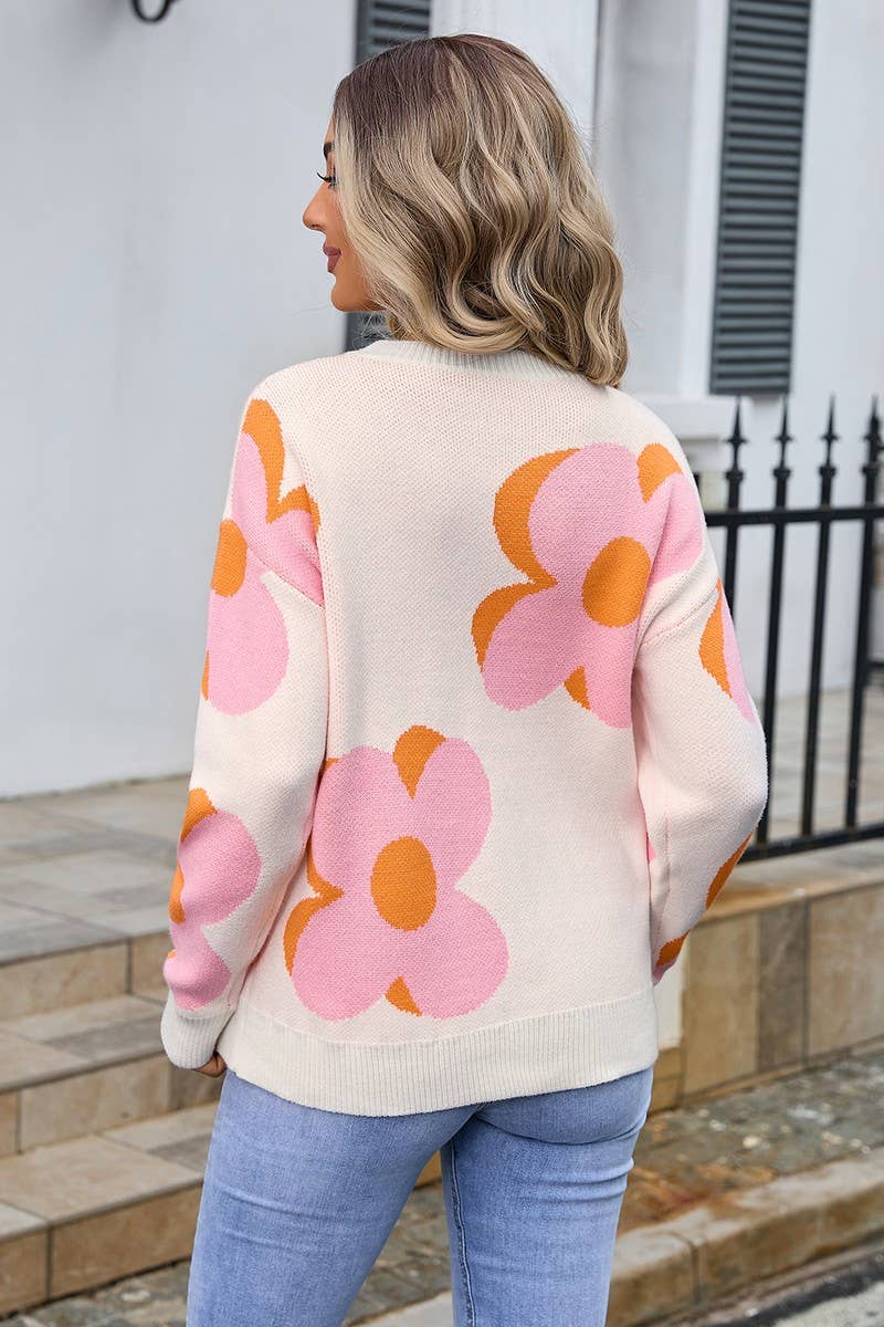 CWOSWL3067_LARGE FLOWER PRINT CREW NECK KNITTED SWEATER