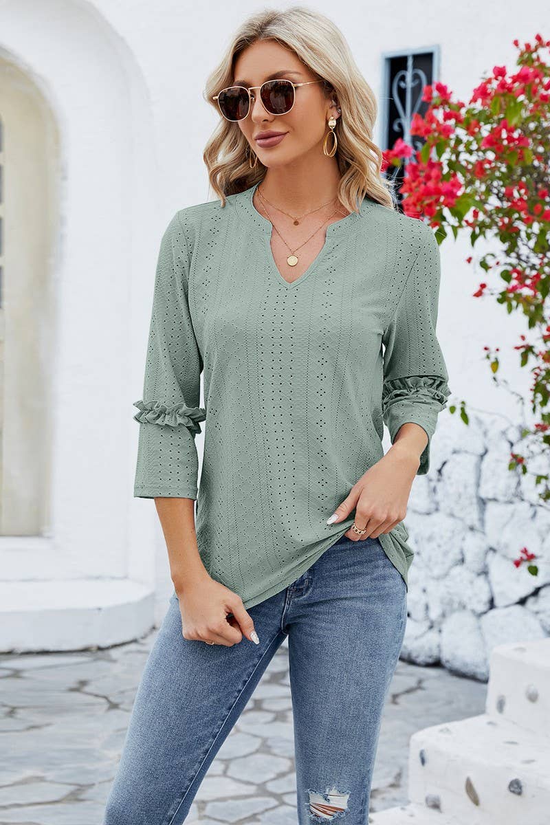 CWTTS0763_3/4 Sleeve Ruffle Detailed V-Neck  Blouse